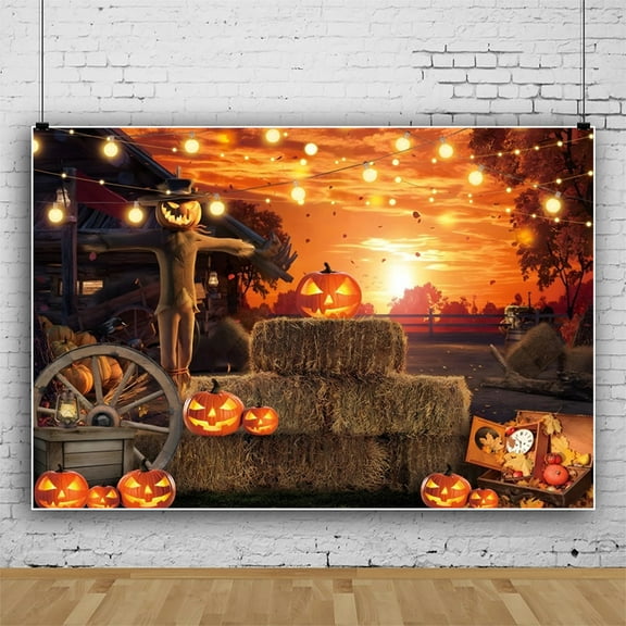 SUNOLIFE Halloween Backdrop Banner Fall Spooky Pumpkins Photo Background Banner 5x3ft