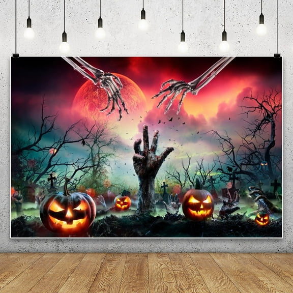 SUNOLIFE Halloween Backdrop Banner Horror Night Spooky Pumpkins Photo Background Banner 5x3ft