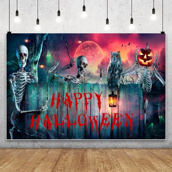 SUNOLIFE Halloween Backdrop Banner Horror Skeletons Photo Background Banner 8x6ft