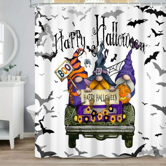 SUNOLIFE Halloween Gnome Shower Curtain Horror Pumpkins Crow Waterproof Fabric Bathroom Curtain 72x72 in