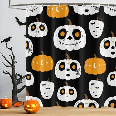 Halloween Ghost Shower Curtain - 72x72 Inch, Waterproof Polyester, With Bats, Pumpkins & Fall Leaves, Includes 12 Hooks