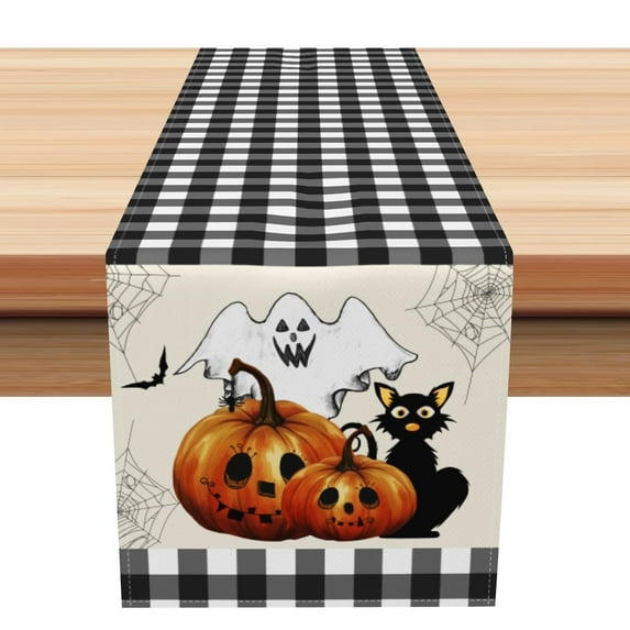SUNOLIFE Halloween Pumpkins Table Runner Ghost Buffalo Plaid Kitchen Dining Table Linens 13 x 108 Inch