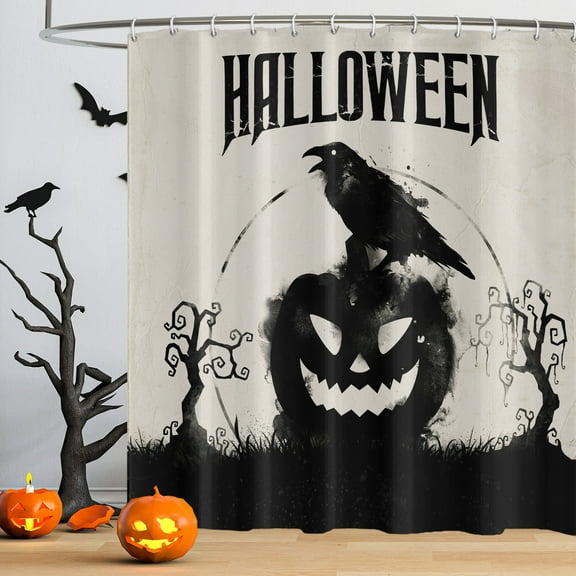 SUNOLIFE Halloween Shower Curtain Horror Pumpkins Crow Waterproof Fabric Bathroom Curtain 72x72 in