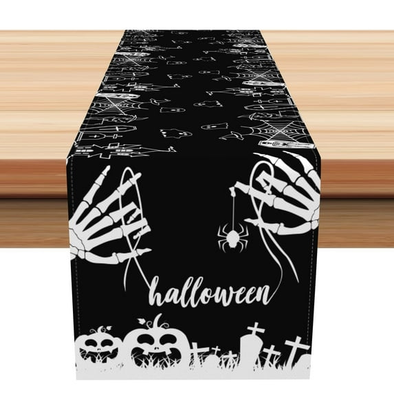 SUNOLIFE Halloween Skull Table Runner Black Skeleton Kitchen Dining Table Linens 13 x 90 Inch