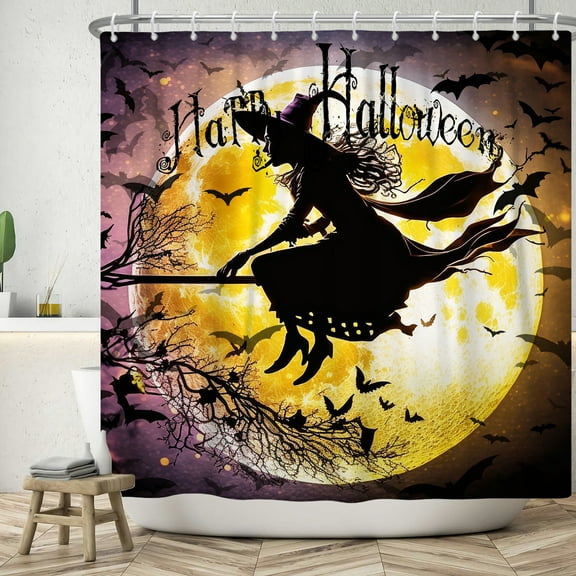 SUNOLIFE Halloween Witch Shower Curtain Horror Moon Night Waterproof Fabric Bathroom Curtain 72x72 in