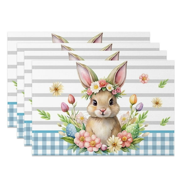 SUNOLIFE Happy Easter Placemats Set of 4,Spring Easter Bunny Rabbit Eggs Table Place Mats 12x18 inch