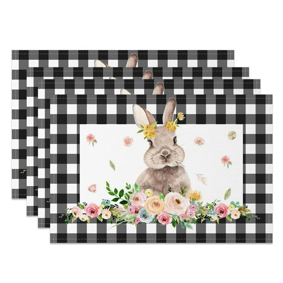 SUNOLIFE Happy Easter Placemats Set of 4,Spring Easter Eggs Rabbit Table Place Mats 12x18 inch