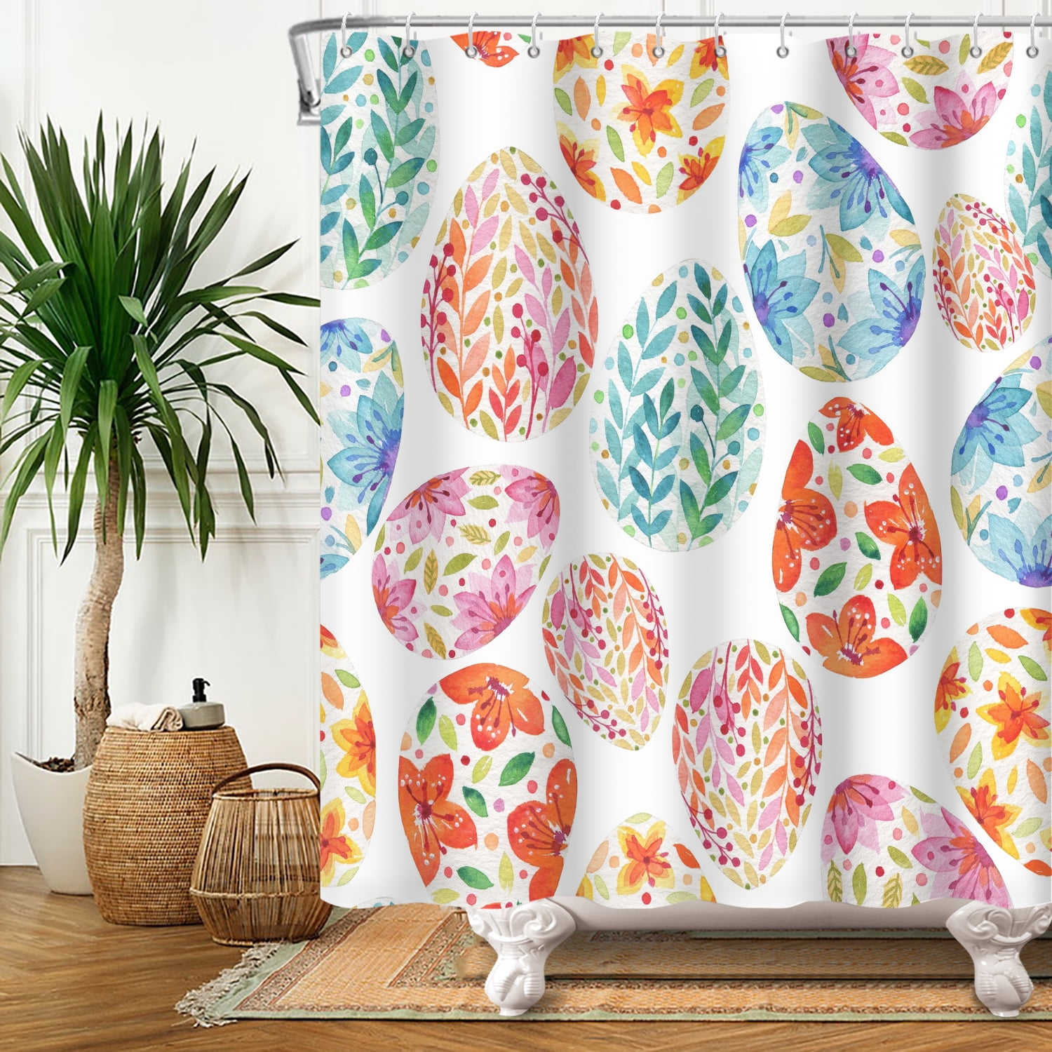 SUNOLIFE Happy Easter Shower Curtain,Spring Easter Eggs Fabric Bathroom