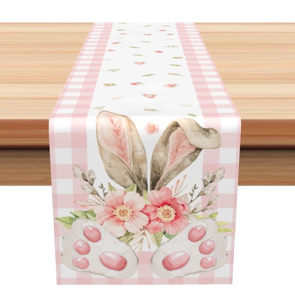 SUNOLIFE Happy Easter Table Runner,Pink Easter Bunny Kitchen Dining Table Decoration for Home Party 13 x 90 Inches