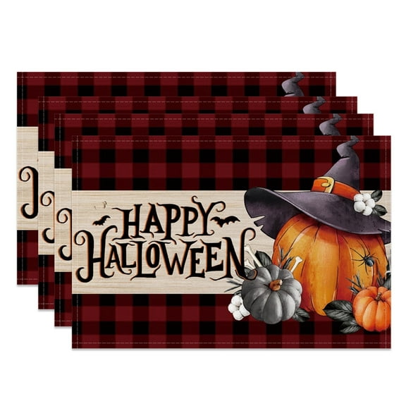 SUNOLIFE Happy Halloween Placemats Set of 4,Spooky Pumpkins Table Decorations 12x18 inch