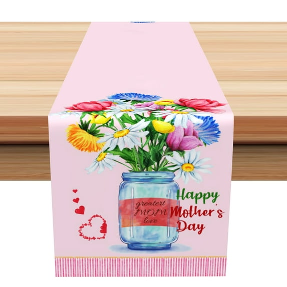SUNOLIFE Happy Mother's Day Table Runner,Pink Floral Kitchen Dining Table Decoration for Home Party 13 x 72 Inch