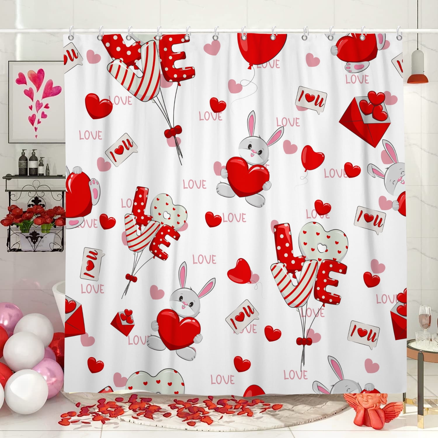SUNOLIFE Happy Valentine's Day Shower Curtain Valentines Rabbit