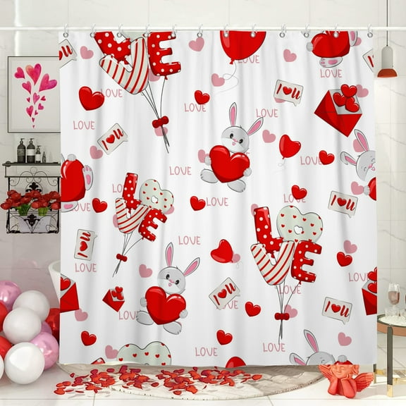 SUNOLIFE Happy Valentine's Day Shower Curtain Valentines Rabbit Bathroom Curtain with Hooks,72x72 in