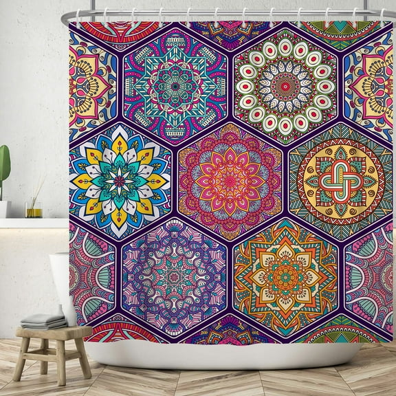 SUNOLIFE Indian Mandala Shower Curtain Boho Bohemain Waterproof Fabric Bathroom Curtain 72x72 in