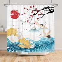 SUNOLIFE Japanese Shower Curtain,Chinese Mountain Waterproof Fabric Bathroom Curtain with Hooks,72x72 in