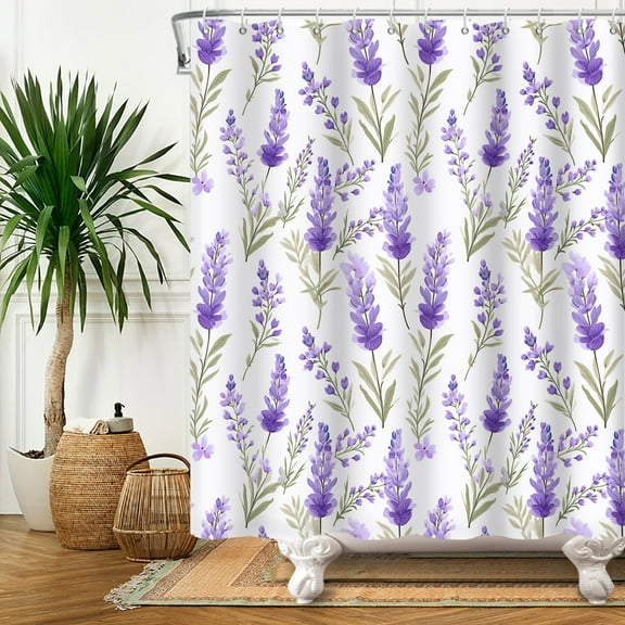 SUNOLIFE Lavender Floral Shower Curtain,Purple Flowers Fabric Bathroom Curtain with Hooks,72x72 in