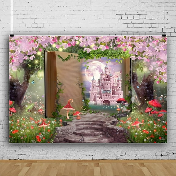 SUNOLIFE Magic Forest Backdrop Banner for Kids Girls Fairy Tale Photo Background Banner 7x5ft