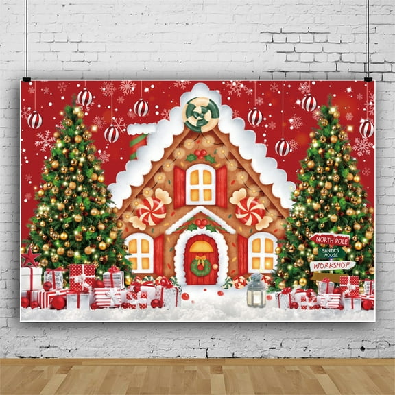 SUNOLIFE Merry Christmas Backdrop Banner Gingerbread House Photo Background Banner 10x8ft