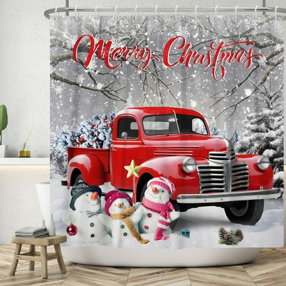 SUNOLIFE Merry Christmas Shower Curtain Winter Snowman Truck Waterproof Fabric Bathroom Curtain 72x72 in