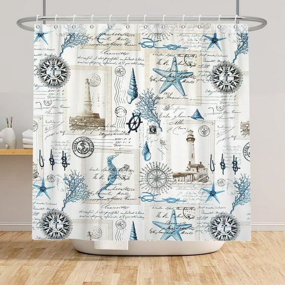 SUNOLIFE Nautical Coastal Shower Curtain,Ocean Beach Theme Waterproof Fabric Bathroom Curtain with Hooks,72x72 in