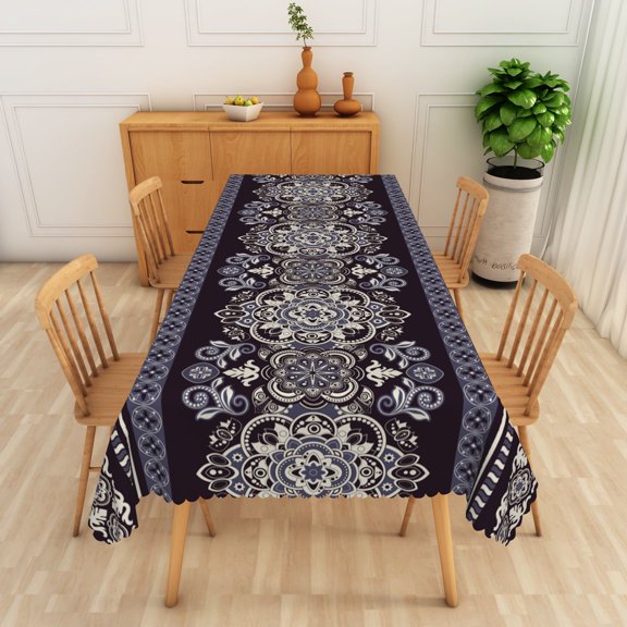 SUNOLIFE Navy Blue Bohemain Tablecloth Rectangular Boho Mandala Table Cloth Cover 60 x 84 Inch