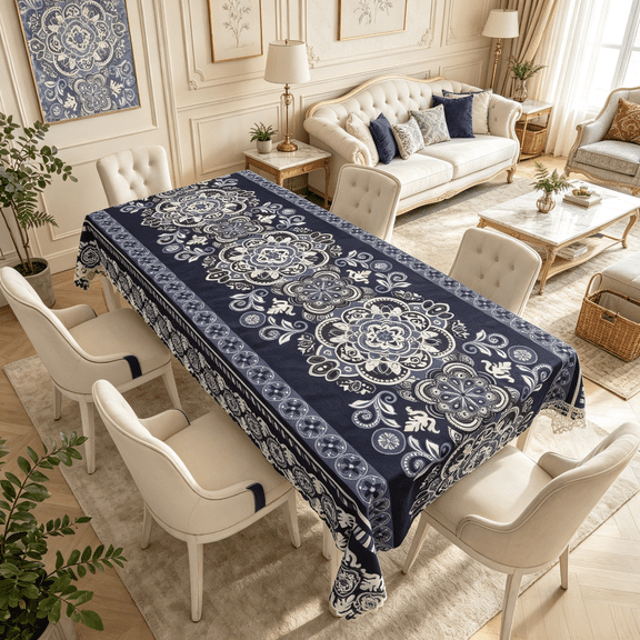 SUNOLIFE Navy Blue Bohemain Tablecloth Rectangular Boho Mandala Table Cloth Cover 60 x 84 Inch