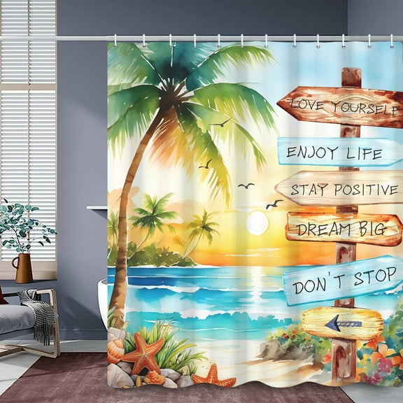 SUNOLIFE Ocean Beach Shower Curtain,Summer Sea Coastal Seaside Sunset Fabric Bathroom Curtain with Hooks,72x72 in