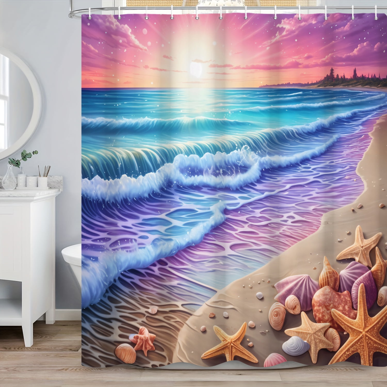 SUNOLIFE Ocean Beach Shower Curtain,Sunset Shell Fabric Bathroom Curtain with Hooks,72x72 in
