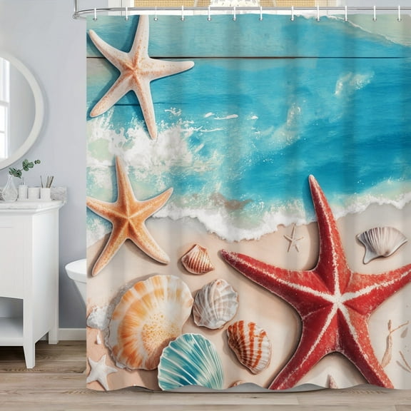 SUNOLIFE Ocean Beach Theme Shower Curtain,Nautical Coastal Seashell Starfish Bathroom Curtain with Hooks,72x72 in