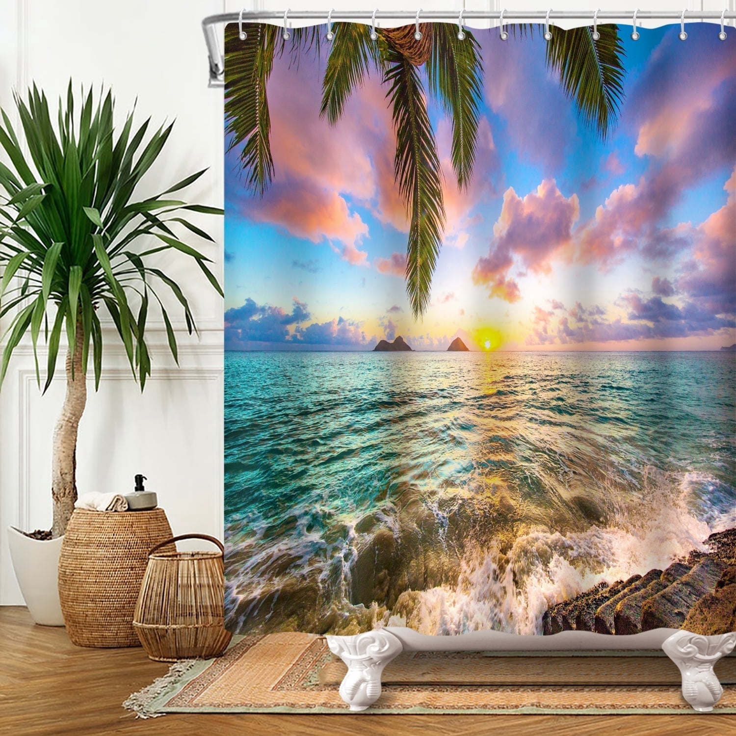 SUNOLIFE Ocean Sea Beach Shower Curtain Summer Hawaii Seaside Fabric Bathroom Curtain with Hooks,72x78 in
