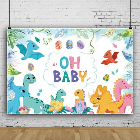 SUNOLIFE Oh Baby Backdrop Banner Dinosaur Baby Shower Photo Background Banner 10x8ft