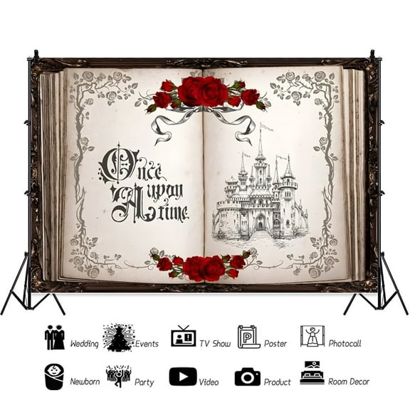 SUNOLIFE Once Upon a Time Backdrop Banner Castle Princess Fairytale Girls Birthday Background Party Decorations 7x5ft