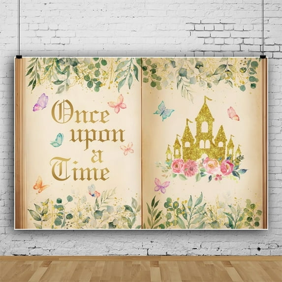SUNOLIFE Once Upon a Time Backdrop Banner Gold Castle Princess Fairytale Girls Birthday Background Party Decorations 7x5ft