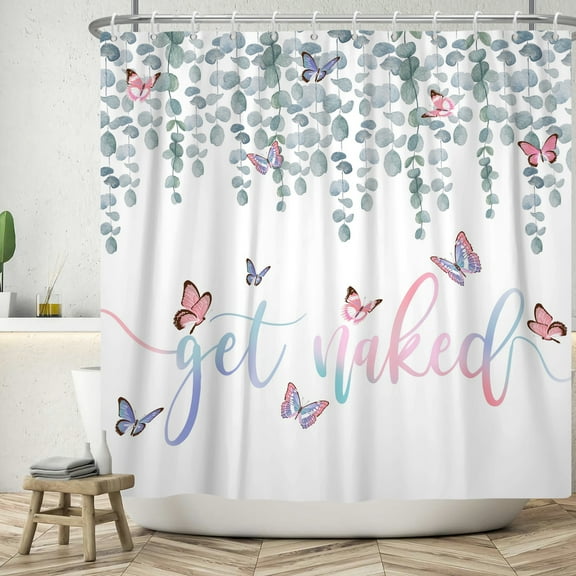SUNOLIFE Pink Butterfly Shower Curtain Get Naked Leaves Waterproof Fabric Bathroom Curtain 72x72 in