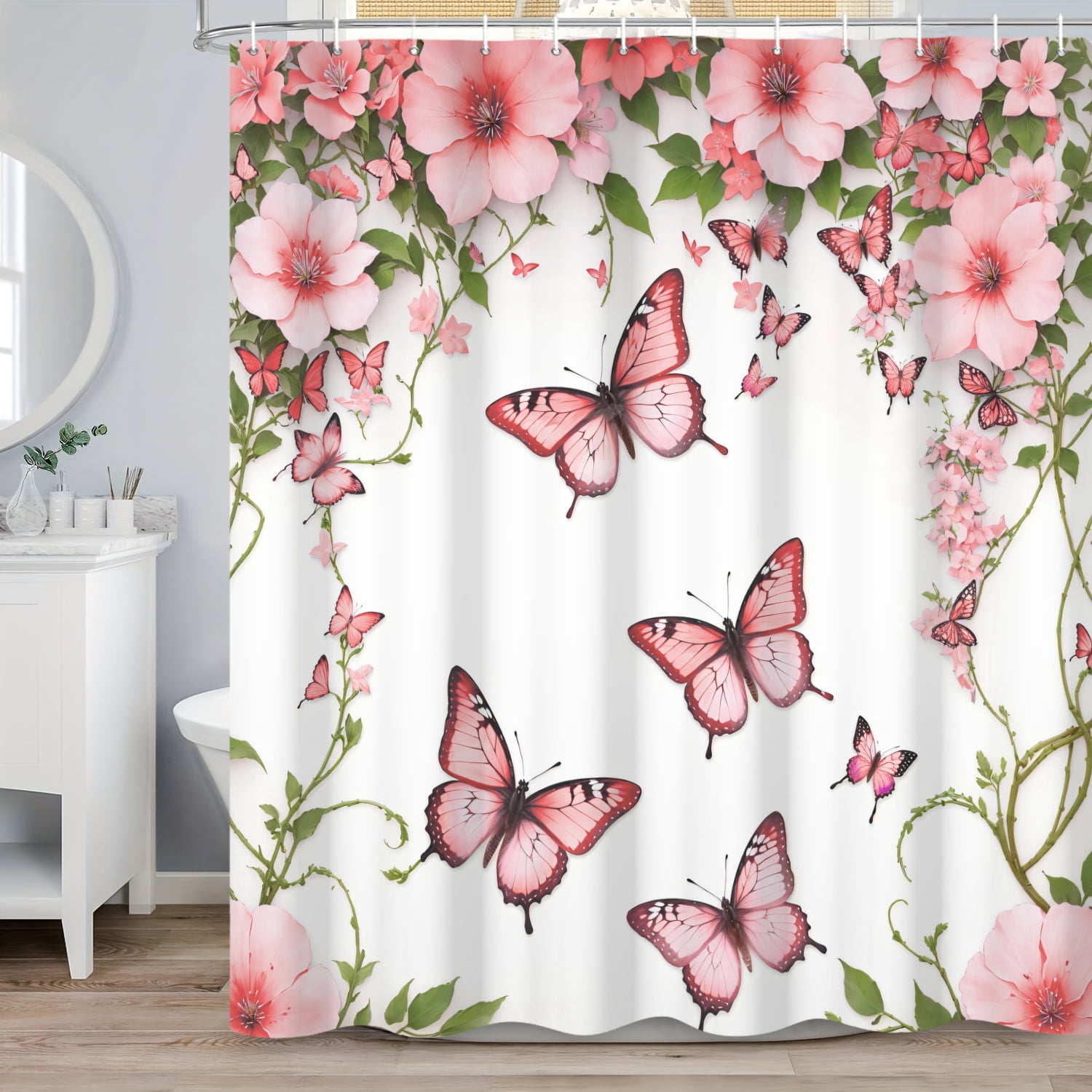 SUNOLIFE Pink Butterfly Shower Curtain，Spring Floral Fabric Bathroom Curtain with Hooks,60x72 in