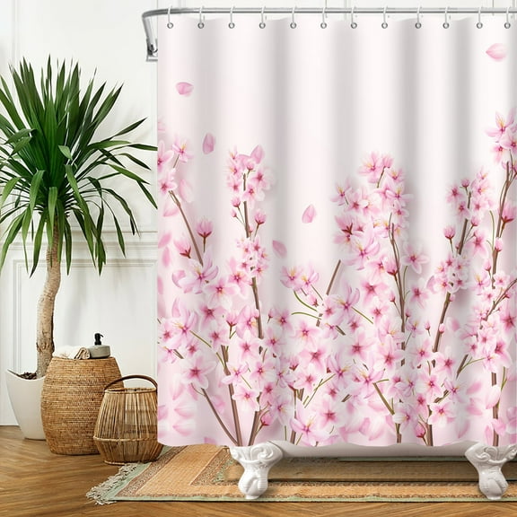 SUNOLIFE Pink Cherry Blossoms Shower Curtain,Spring Peach Floral Waterproof Fabric Bathroom Curtain with Hooks,47x64 in