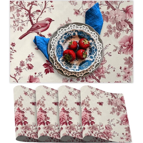 SUNOLIFE Spring Pink Floral Placemats Set of 4 Birds Linen Double-Sided Dining Table Place Mats for Table Decor 12"Wx18"L in