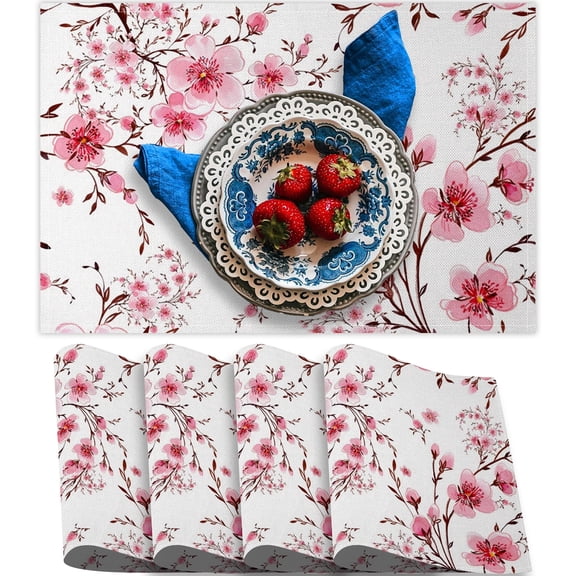 SUNOLIFE Pink Floral Placemats Set of 4 Cherry Blossom Linen Double-Sided Dining Table Place Mats for Dining Table Decor 12x18 in