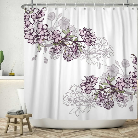 SUNOLIFE Pink Floral Shower Curtain Cherry Blossom Waterproof Fabric Bathroom Curtain 72x72 in