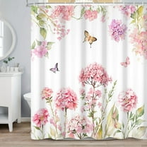 SUNOLIFE Pink Floral Shower Curtain Hydrangeas Butterfly Waterproof Fabric Bathroom Curtain 72x72 in