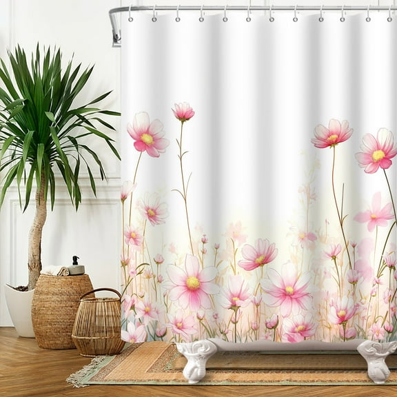SUNOLIFE Pink Floral Shower Curtain Spring Daisy Flowers Waterproof Fabric Bathroom Curtain Set 72x72 in