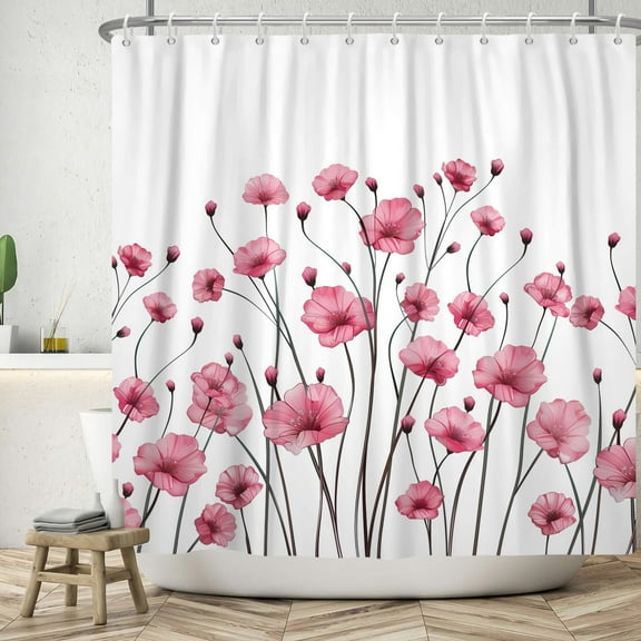 SUNOLIFE Pink Floral Shower Curtain Spring Flowers Fabric Bathroom Curtain,72x72 in