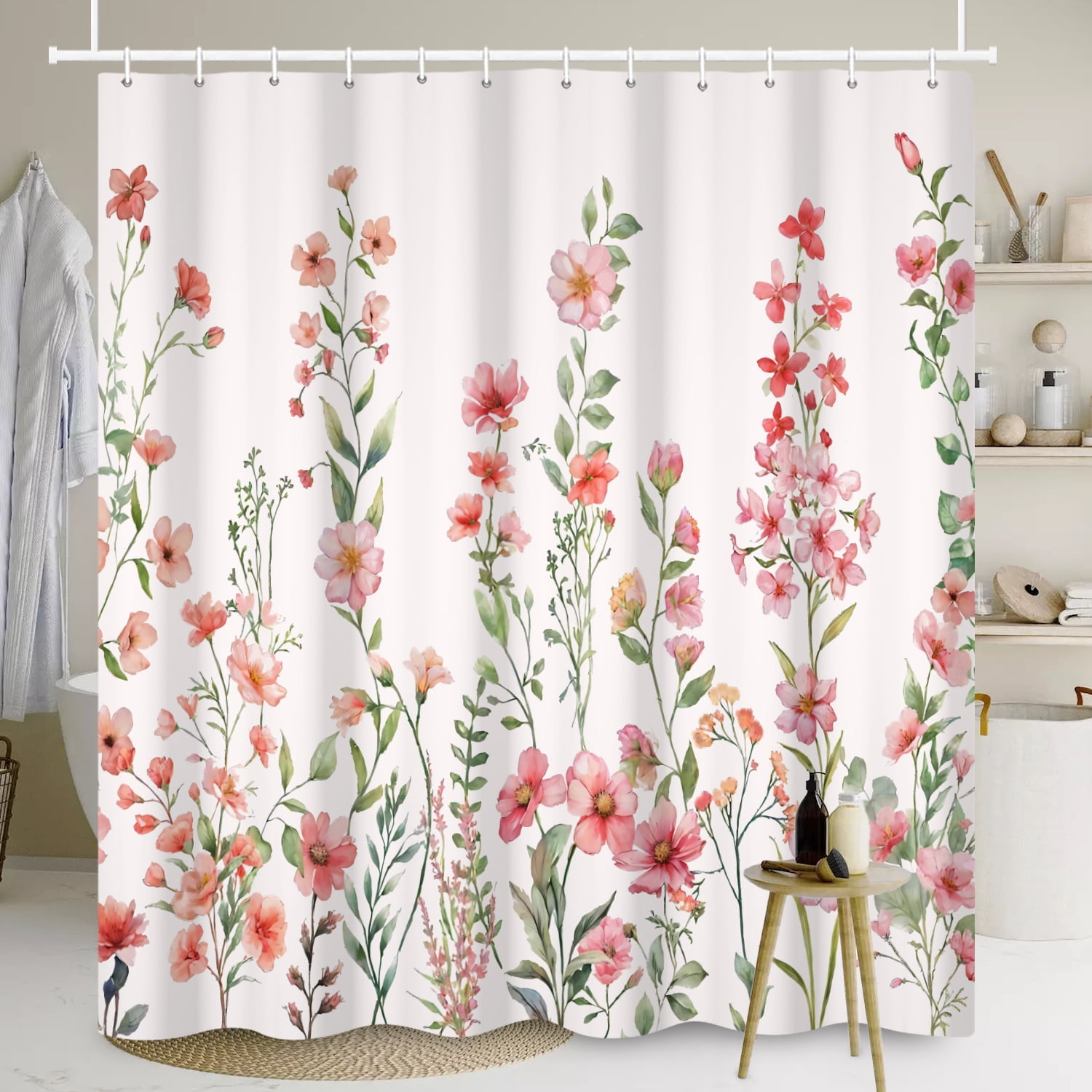 SUNOLIFE Pink Floral Shower Curtain Spring Flowers Plants Waterproof ...