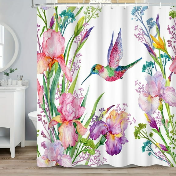 SUNOLIFE Pink Floral Shower Curtain Spring Flowers with Hummingbird Waterproof Fabric Bathroom Curtain 72x72 in