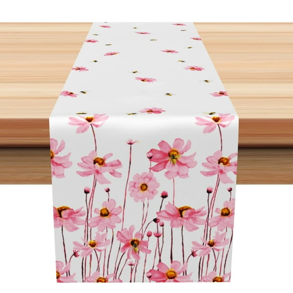 SUNOLIFE Pink Floral Table Runner,Daisy Flowers Kitchen Dining Table Decorations 13 x 120 Inch