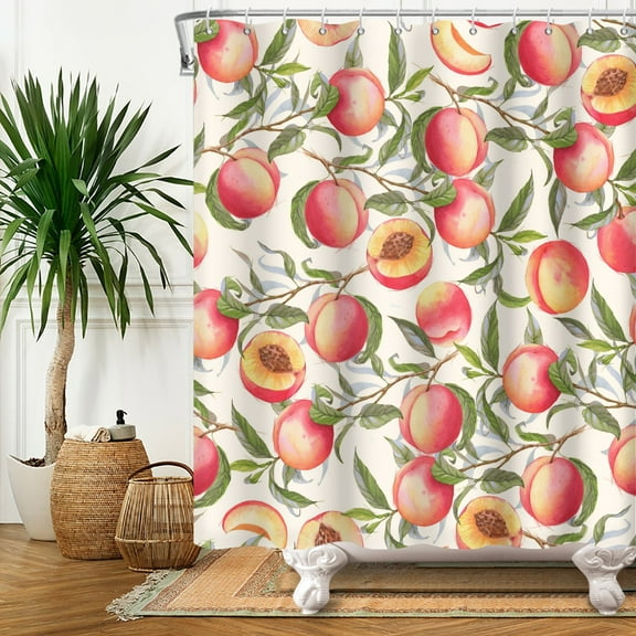 SUNOLIFE Pink Peach Shower Curtain Summer Fruit Waterproof Fabric Bathroom Curtain Set 72x72 in