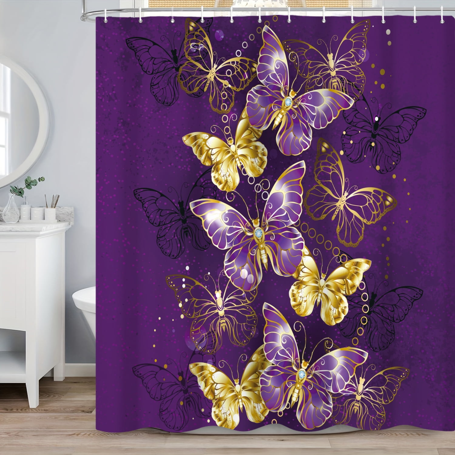 SUNOLIFE Purple Butterfly Shower Curtain,Modern Luxurious Fabric
