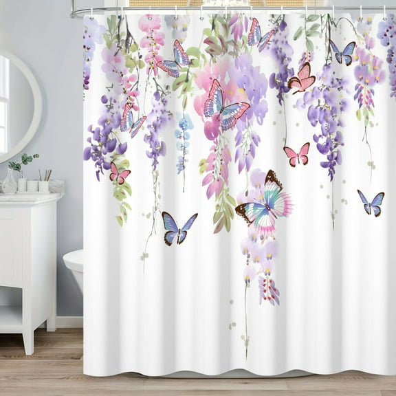 SUNOLIFE Purple Butterfly with Floral Shower Curtain Spring Lavendar Flowers Waterproof Fabric Bathroom Curtain 72x72 in