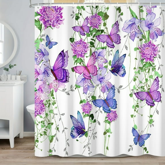 SUNOLIFE Purple Buttlefly Shower Curtain Floral Waterproof Fabric Bathroom Curtain 72x72 in