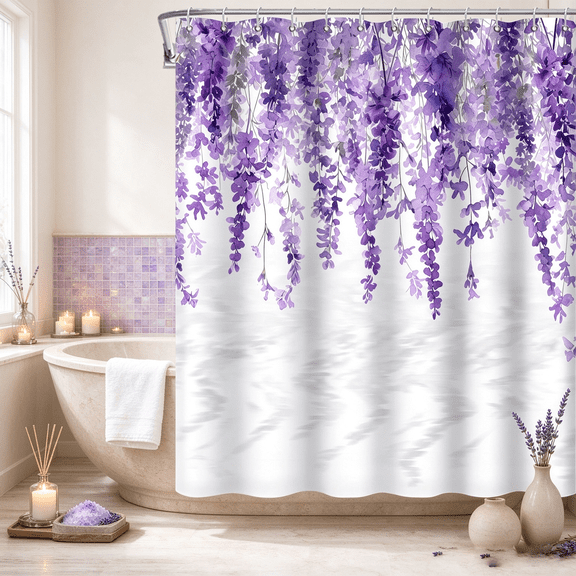 SUNOLIFE Purple Lavender Shower Curtain Spring Floral Waterproof Fabric Bathroom Curtains with Hooks,72x72 in
